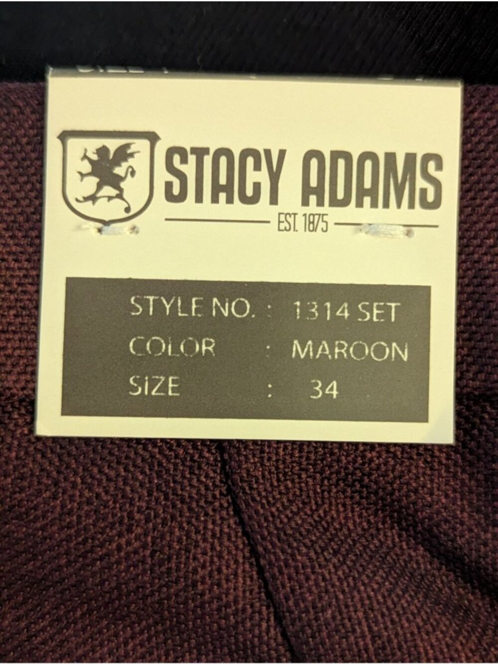 Stacy Adams Mens Maroon Dress Pants Size 34 100% Rayon Flat Front Tailored Fit - Picture 5 of 6